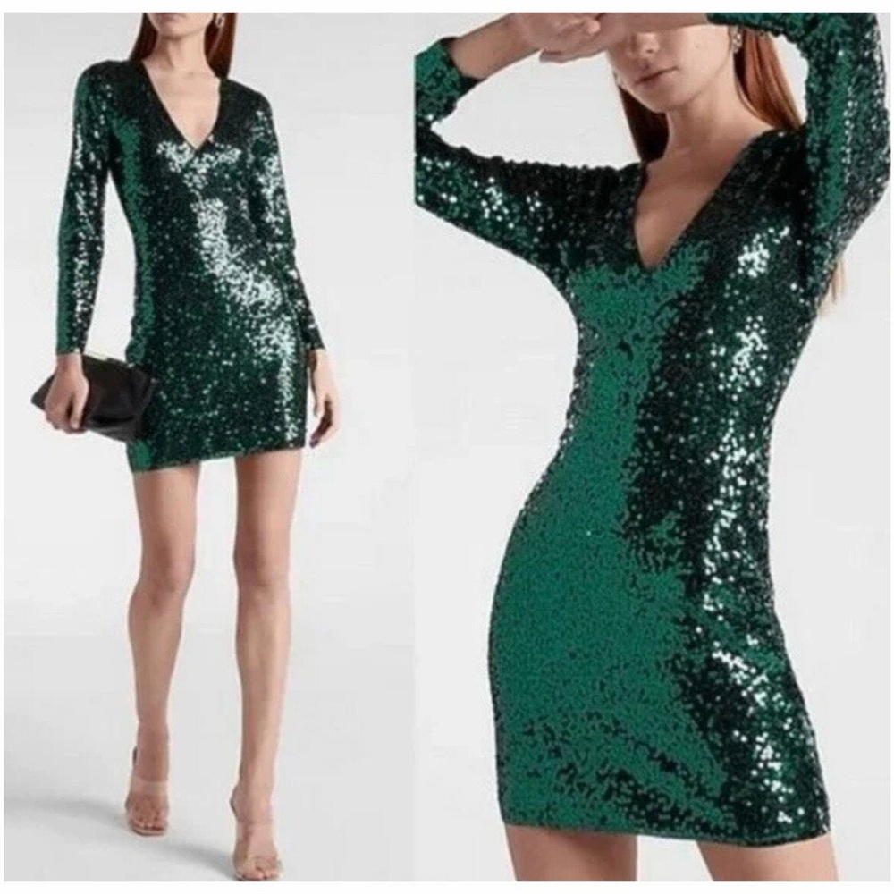 Express Emerald Sequin Long Sleeve Dress